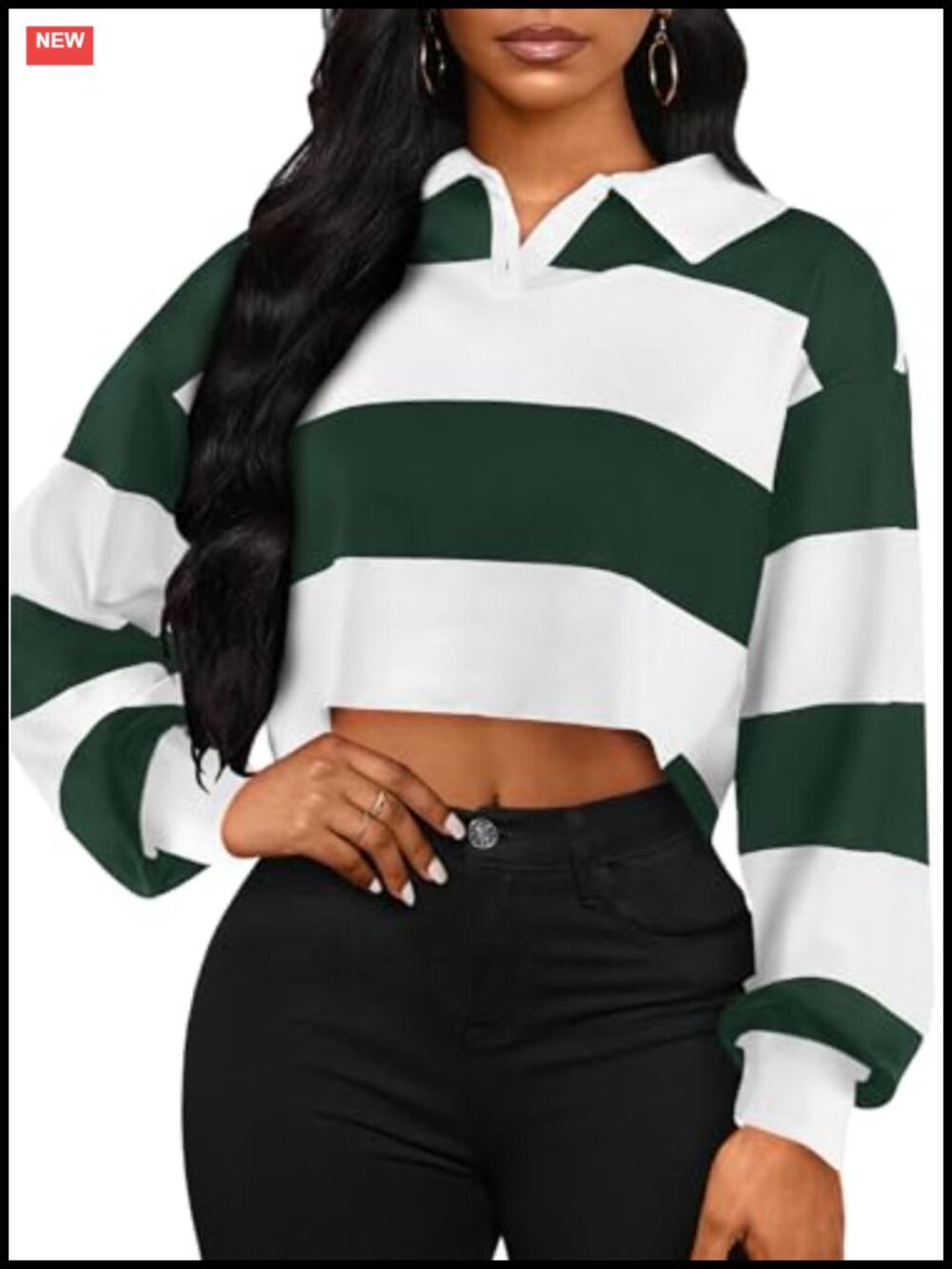 Striped Cropped Sweatshirt Polo Collar Long Sleeve Pullover